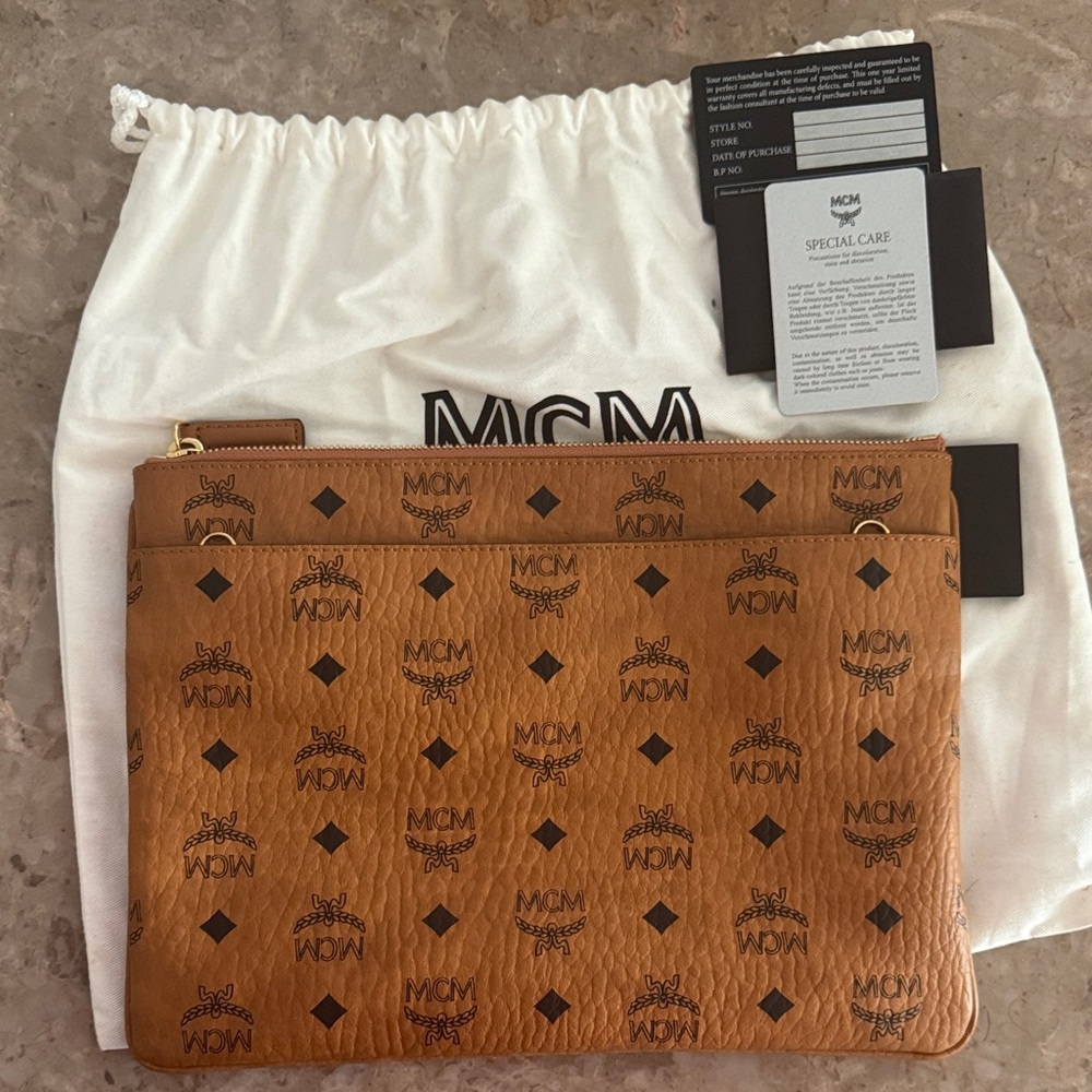 MCM Tan Visetos Logo Pouch